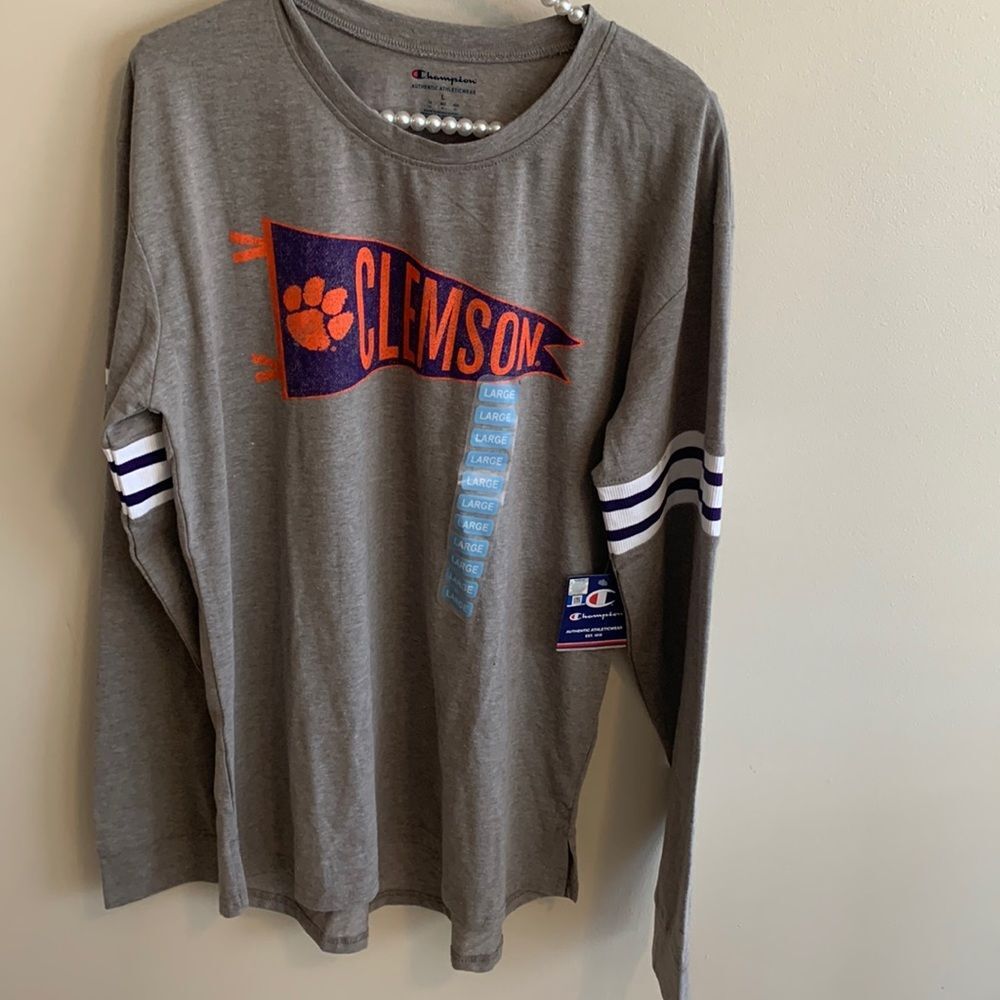 NEW Champion Clemson Tigers Shirt Large Gray Long Sleeve Pennant Graphic NCAA